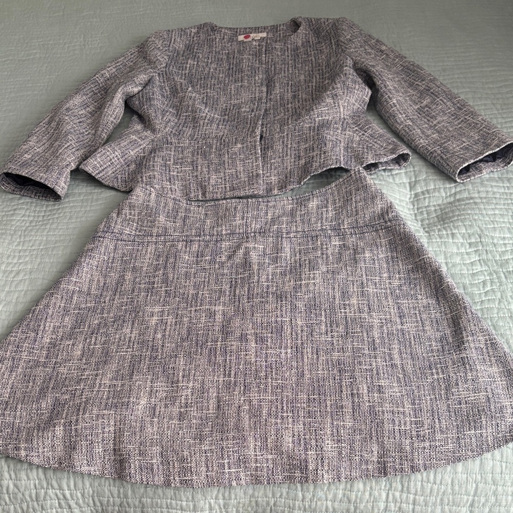 Classy Boden Tweed Peplum Skirt & Jacket Suit 8R 63% Cotton Navy & White